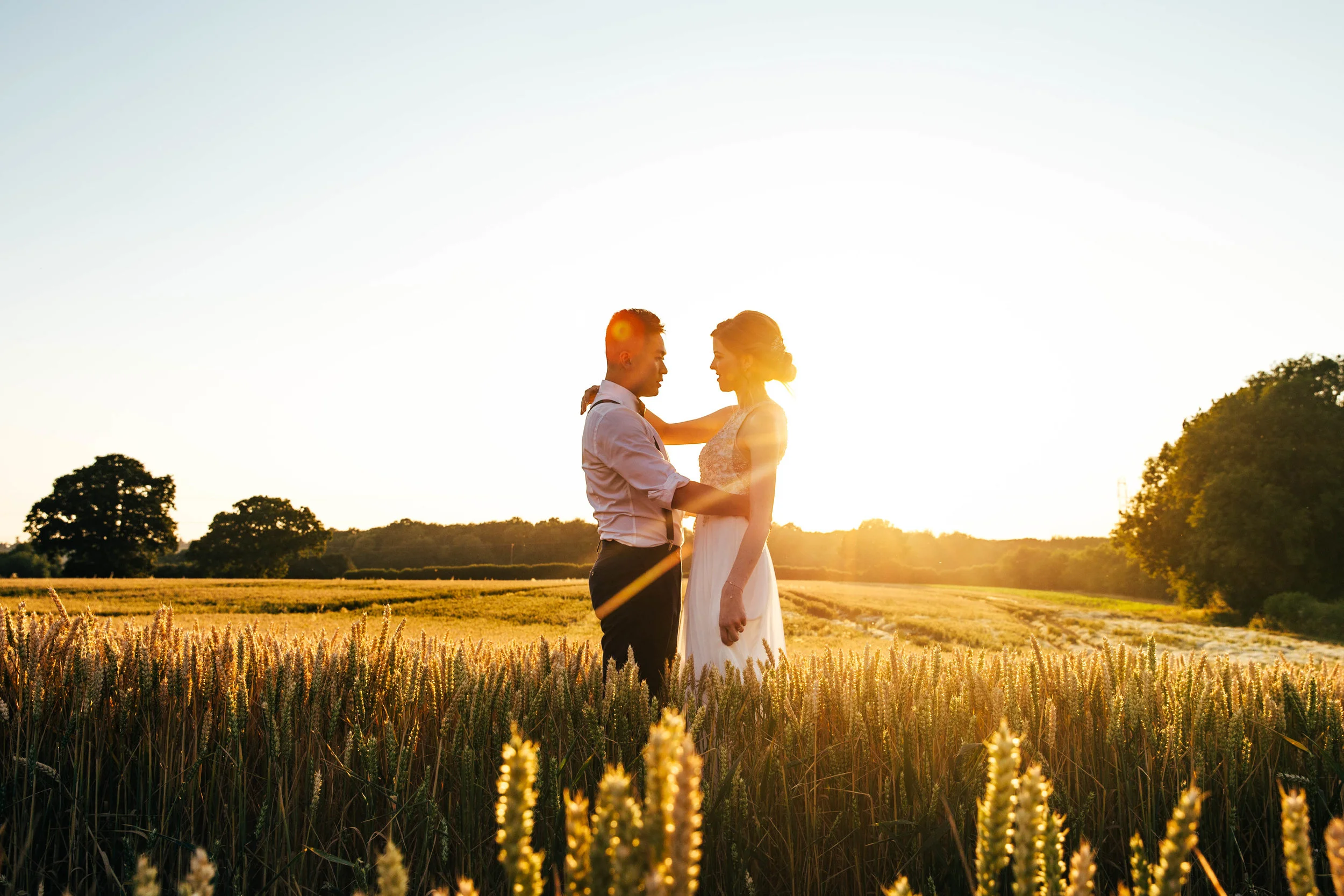 Bride &amp; Groom at The Long Barn, Sunset, Golden Hour, Essex Documentary Wedding Photographer