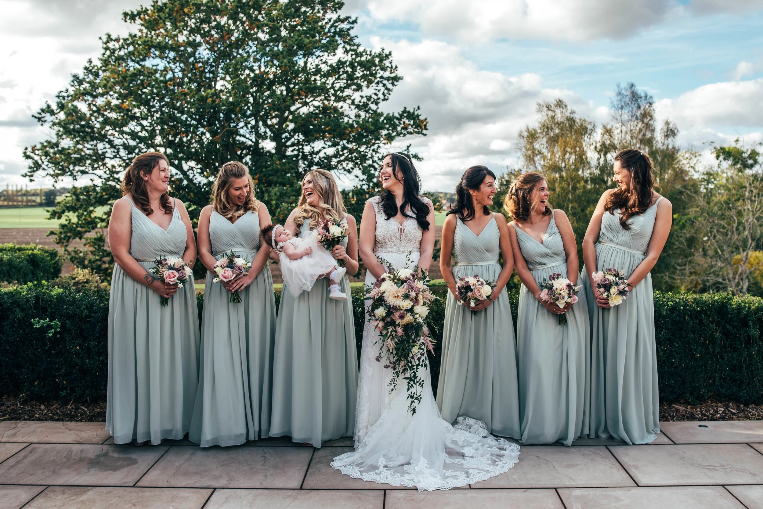 Autumn Bride with Bridesmaids in Blue, Essex Documentary Wedding Photographer