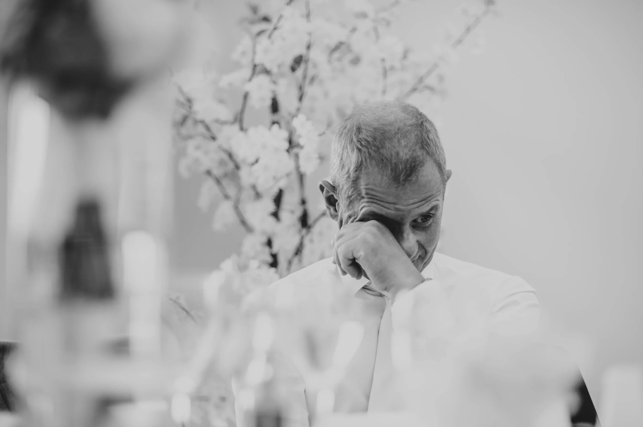 Father of Groom cries during speeches, at Fennes, Braintree, Essex Documentary Wedding Photographer