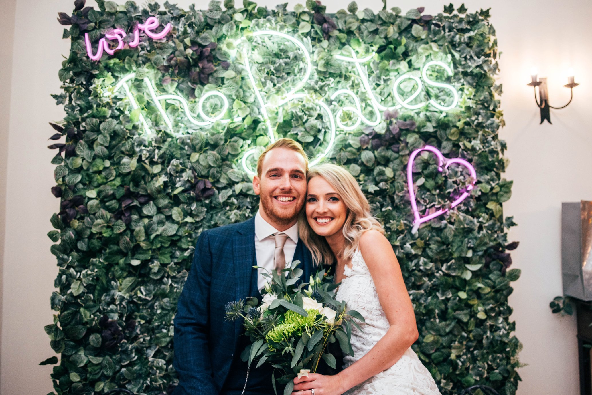 Nathalie &amp; Kieron, an Autumn Barn Wedding at The Granary Estates with Champagne Golds, Greens and Fairy lights. Groom in Navy Check.