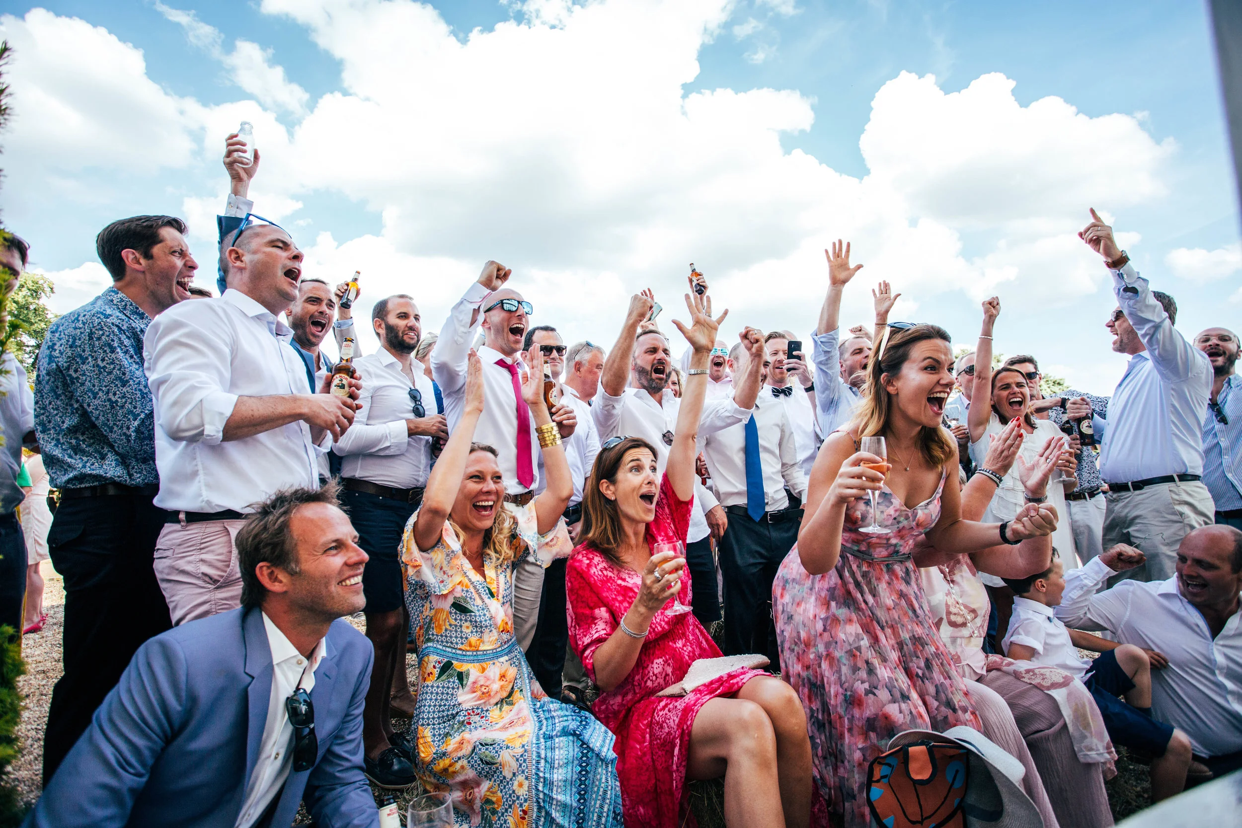 Wedding guests celebrate England Goal during World Cup Quarter Final Essex Documentary Wedding Photographer