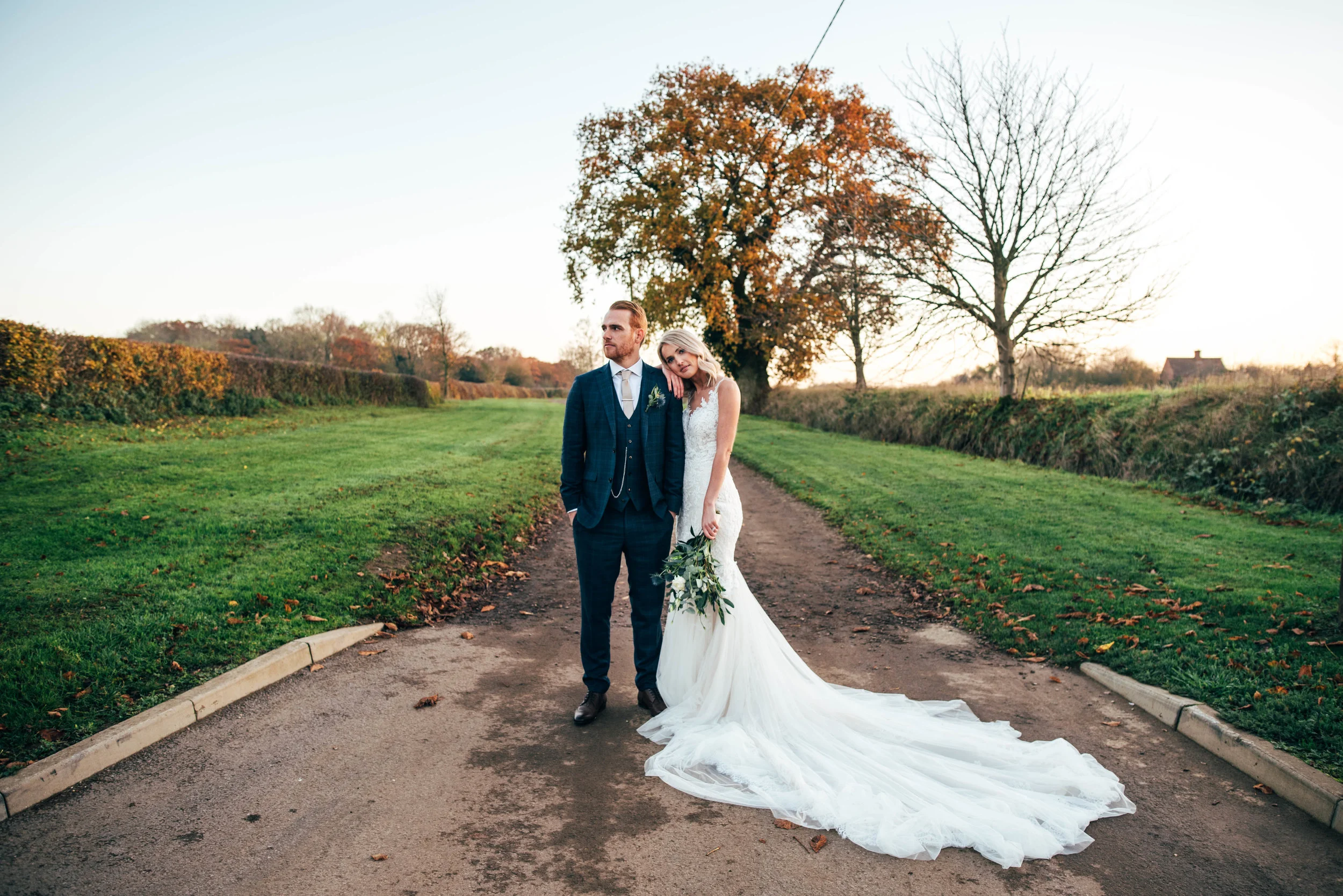 Bride and Groom in Autumn Wedding at The Granary Estates Woodditton Essex Documentary Wedding Photographer