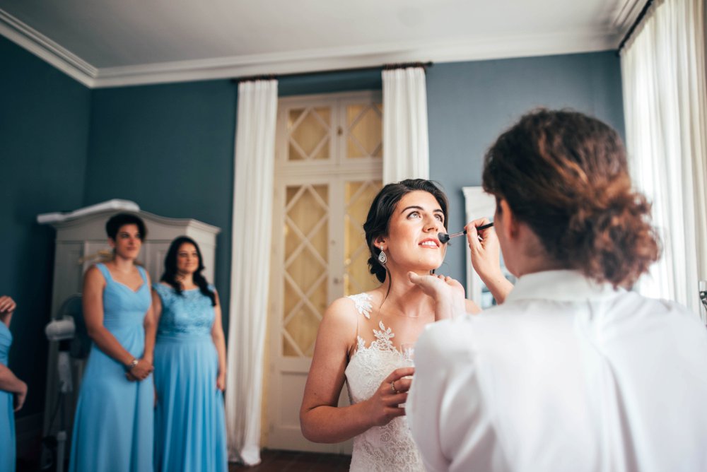 Destination Wedding at Chateau Soulac on The Dordogne Bridesmaids in Cornflower Blue. UK Destination Wedding Photographer.