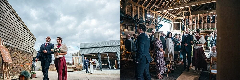 Autumn reds at The Barns at Lodge Farm with pet doggies, Irish folk music, cheesecake & budgie smugglers. Bride wears Rosa Clara & Valentino. Essex Documentary Wedding Photographer
