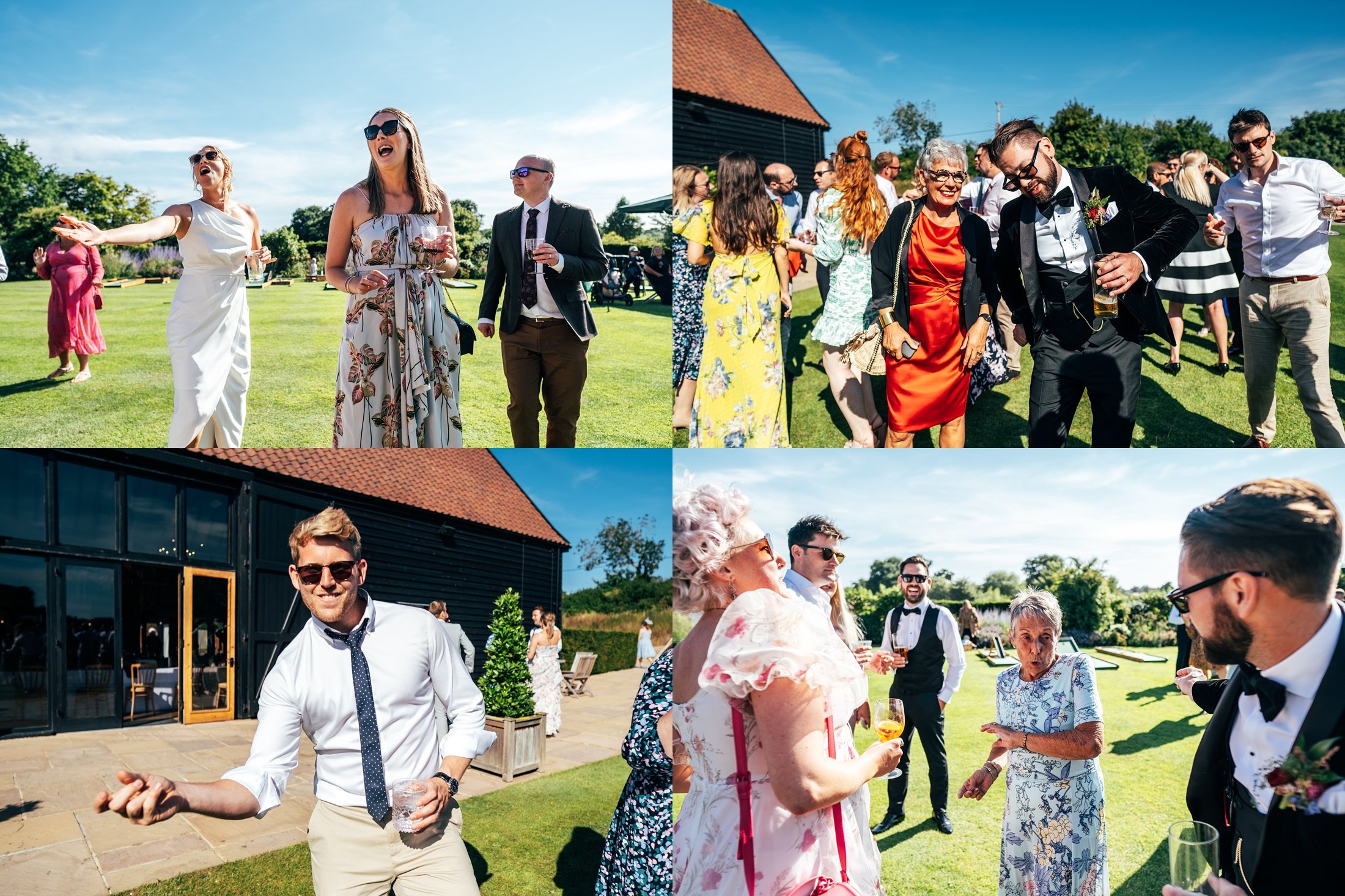 Black tie with pink dip dye wedding dress bridesmaids in white crazy golf lawn dancing summer Bruisyard Country Estate Wedding Essex Suffolk documentary wedding photographer