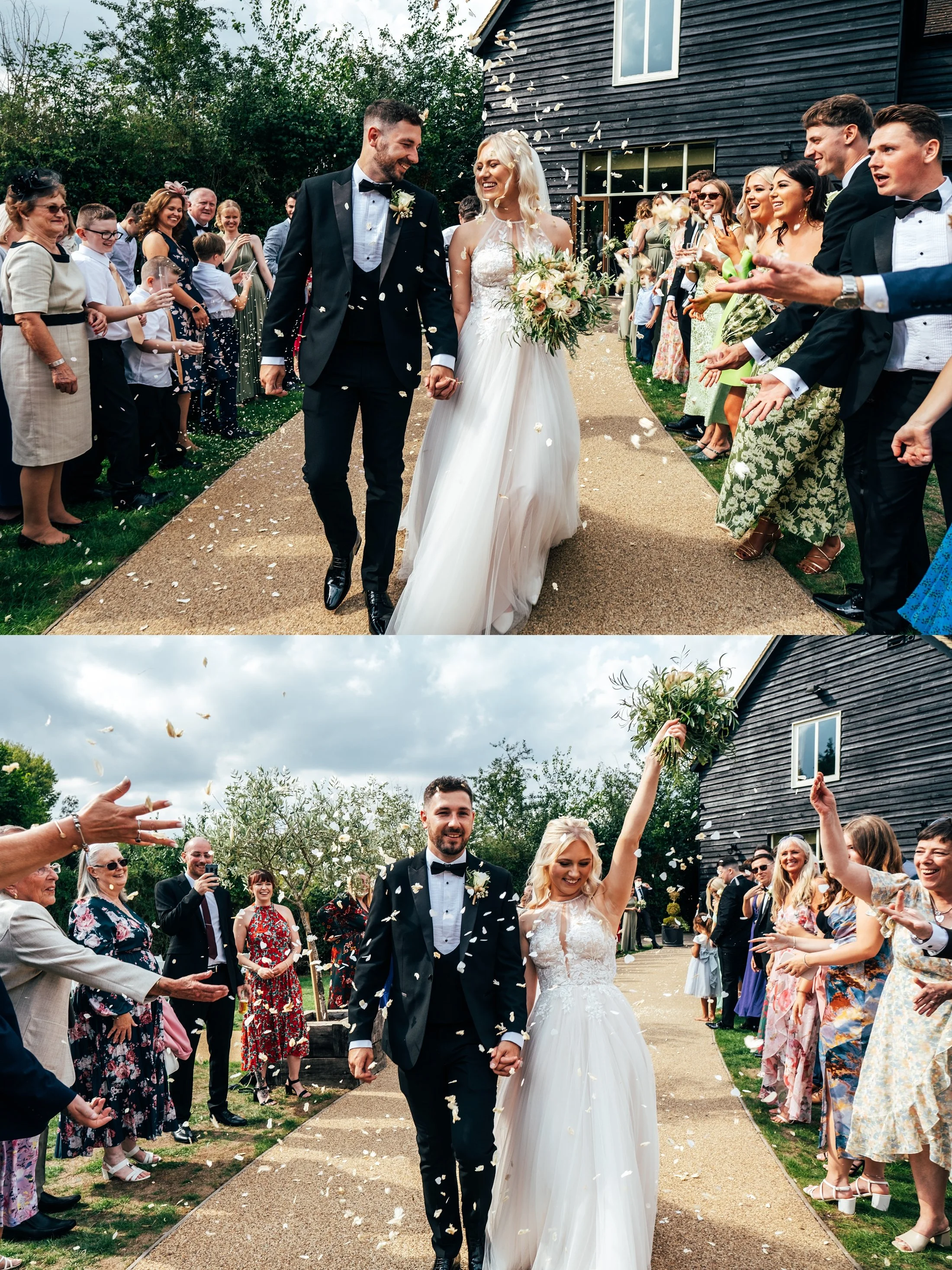 Delicate sage &amp; white paired with black tie for an early Autumn barn wedding at The White Hart, Great Yeldham. Essex documentary wedding photographer