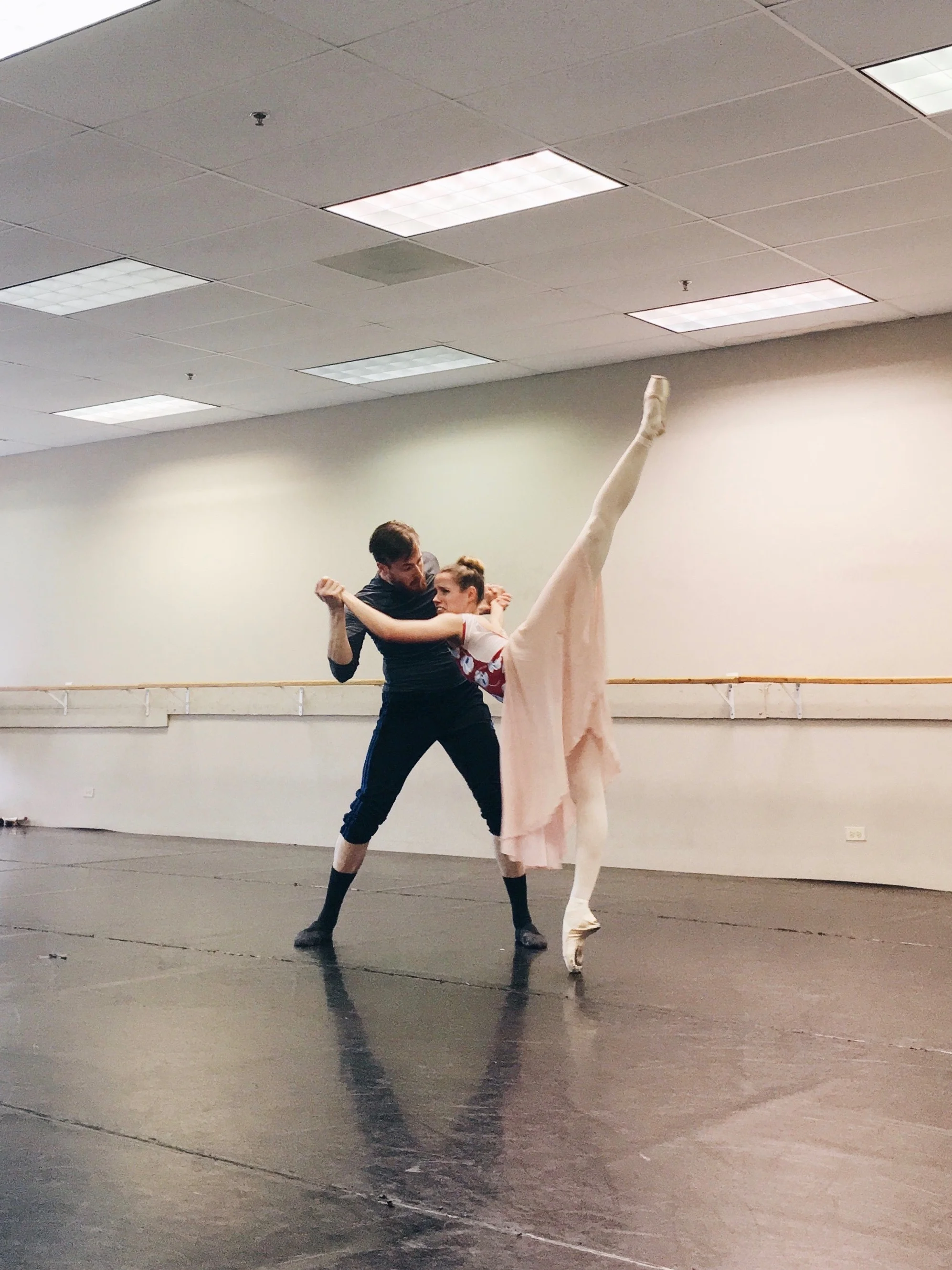 Samuel Opsal and Brette Benedict rehearsing the Jail Scene pas de deux from Scarlet .
