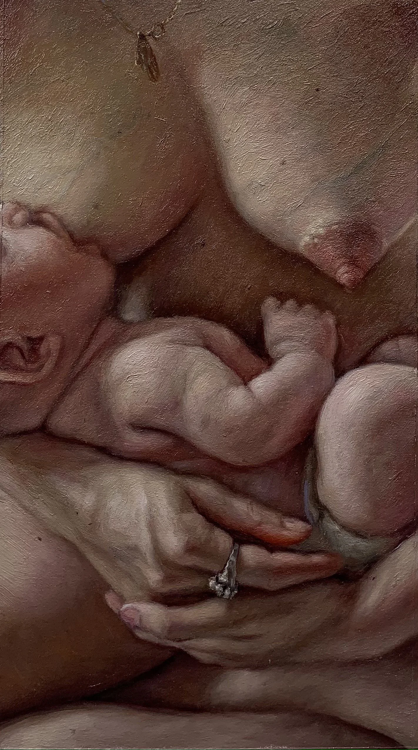 Mother Child (DM Breastfeeding), 2021, Oil on paper mounted on panel, 13 x 7.25”