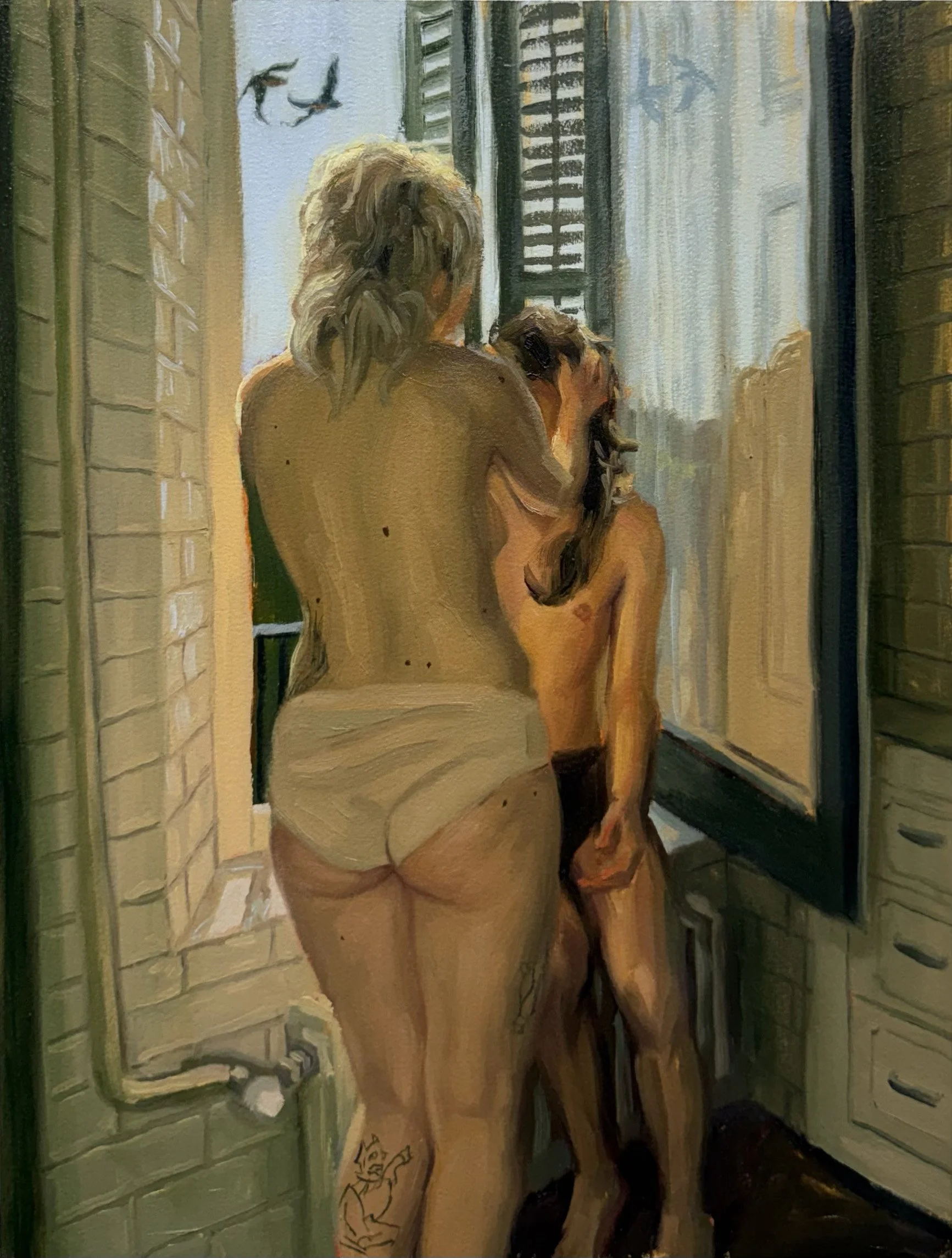Birds of Play, 2026, Oil on Oil Paper Mounted on Panel, 16 x 12"