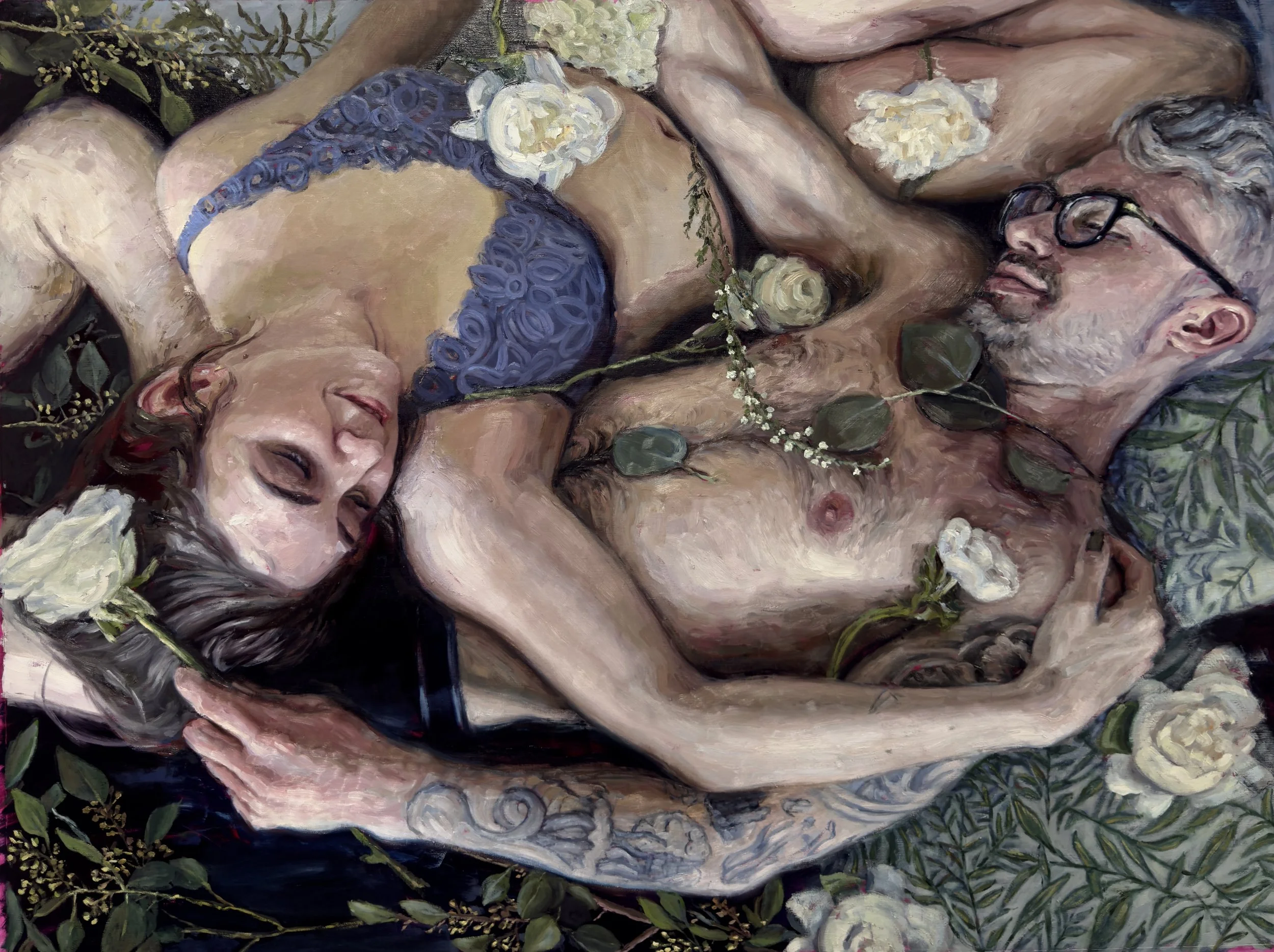 Engagement, 2025, Oil on Linen, 42 x 56" by contemporary figure painter Michelle Doll

Oil painting featuring a couple in an intimate setting covered in white roses
