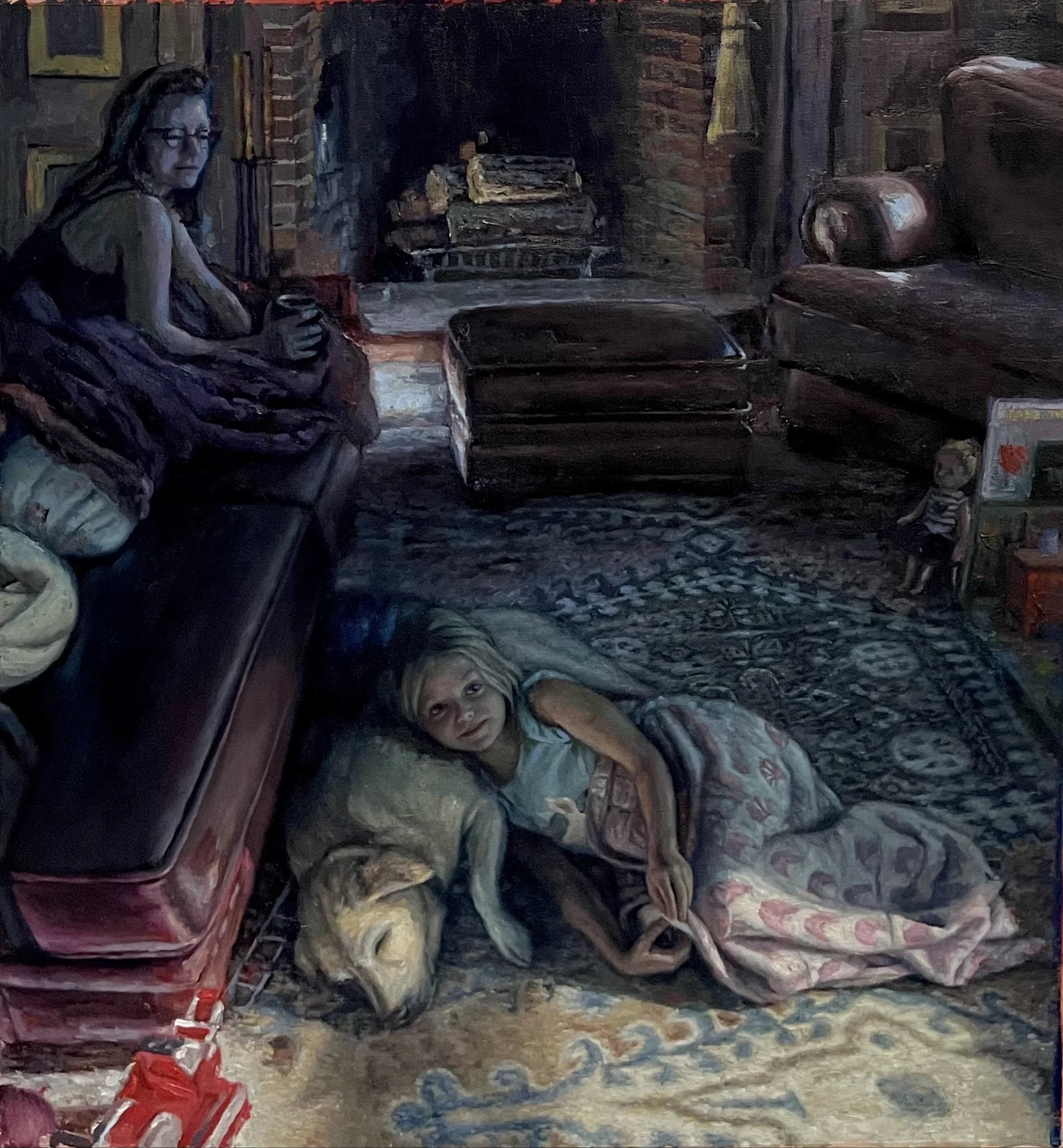 Interior (Mother Daughter Dog), 2021, Oil on Canvas, 32 × 30”