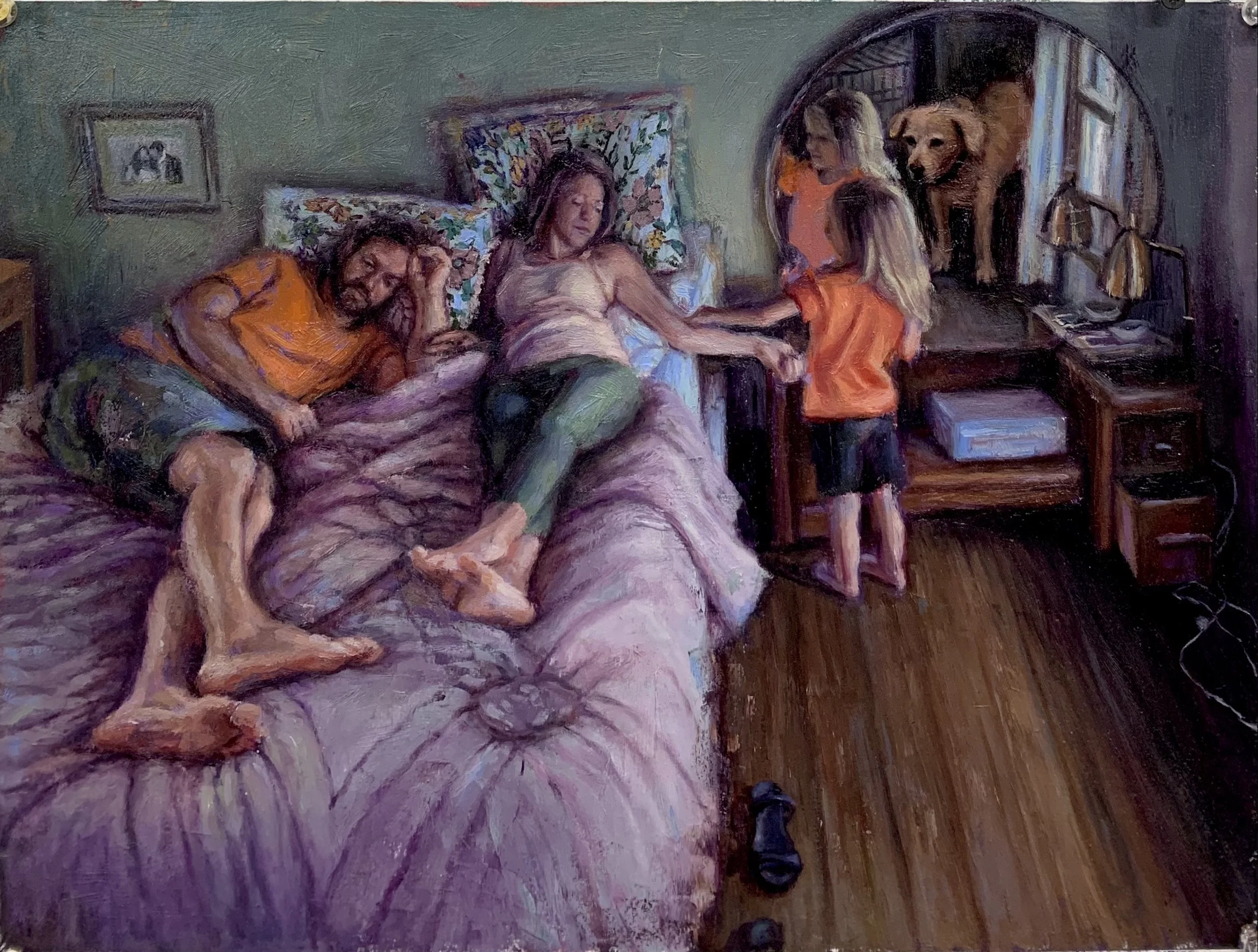 Family (MJD Bedroom), 2021, Oil on Paper Mounted on Panel, 12 x 16”