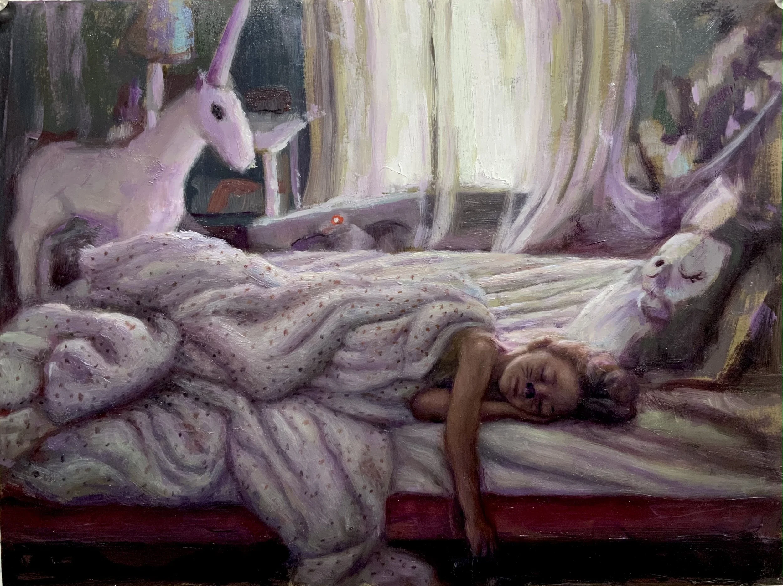 Unicorn Dreams, 2021, Oil on Paper Mounted on Panel, 12 x 16”