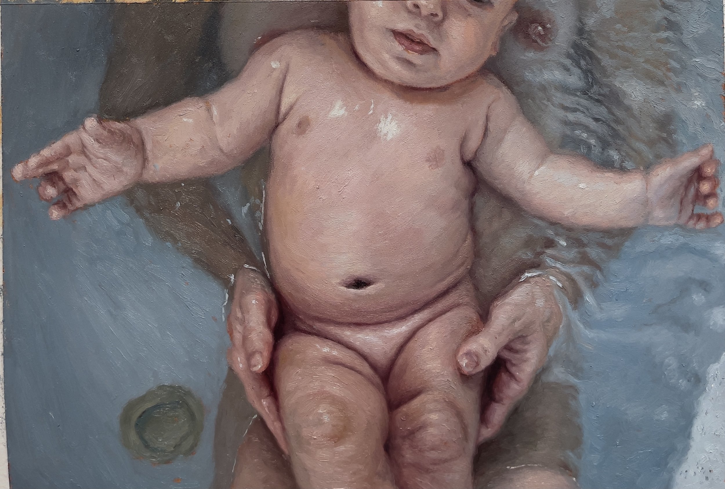 Mother and Child (Bath), 2021, Oil on Paper, 11 x 16”