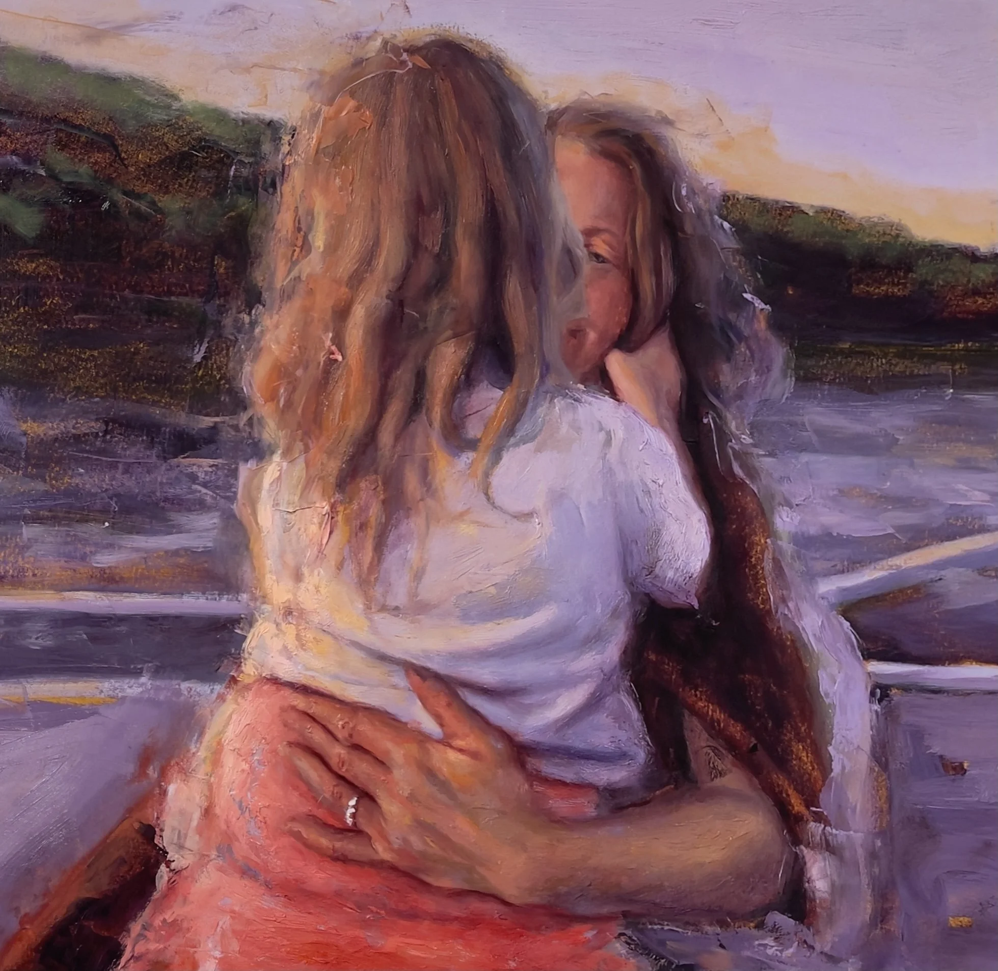 Mother Child (JA Lake Sunset), 2021, Oil on Paper mounted on Panel, 10 x 10