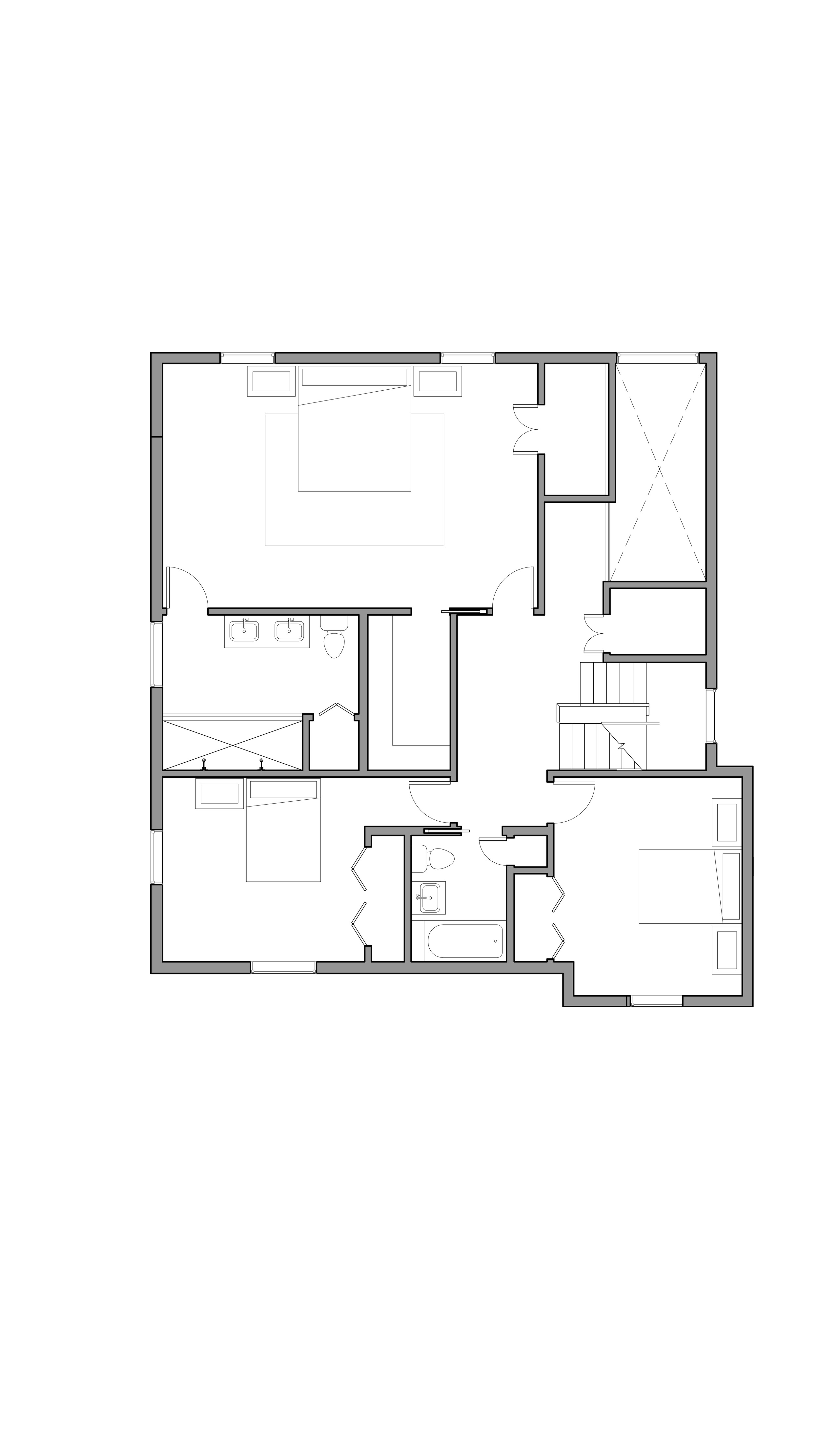 Second floor plan- bedrooms, bathrooms, and overlook.