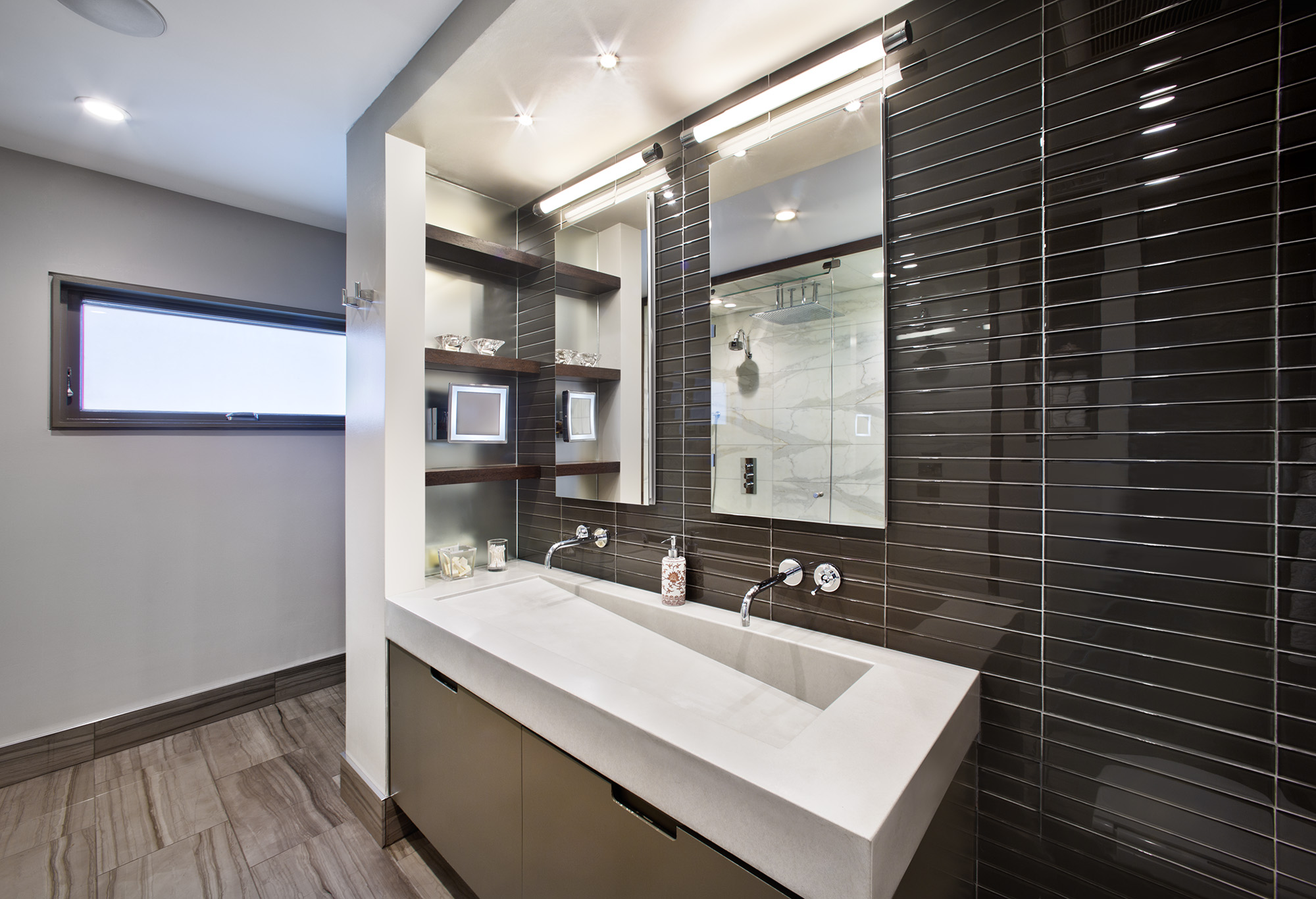 Master bathroom. Materials: glass tile, marble, custom made concrete sink.