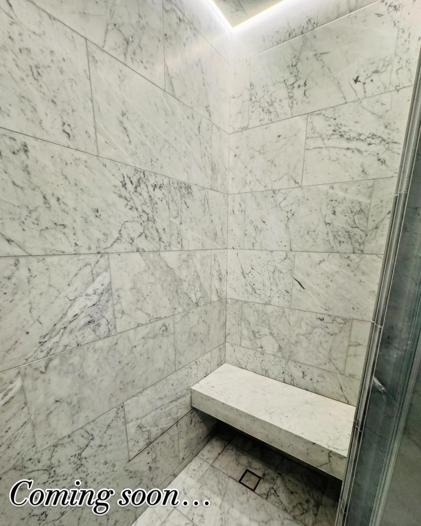 Coming soon to #manhattan a #lightfilled #primary #shower for a #serene #respite from #nyc #tribeca #architecture #rodriguezstudioarch #design #residential #carraramarble #luxe #simple #elegant #timeless