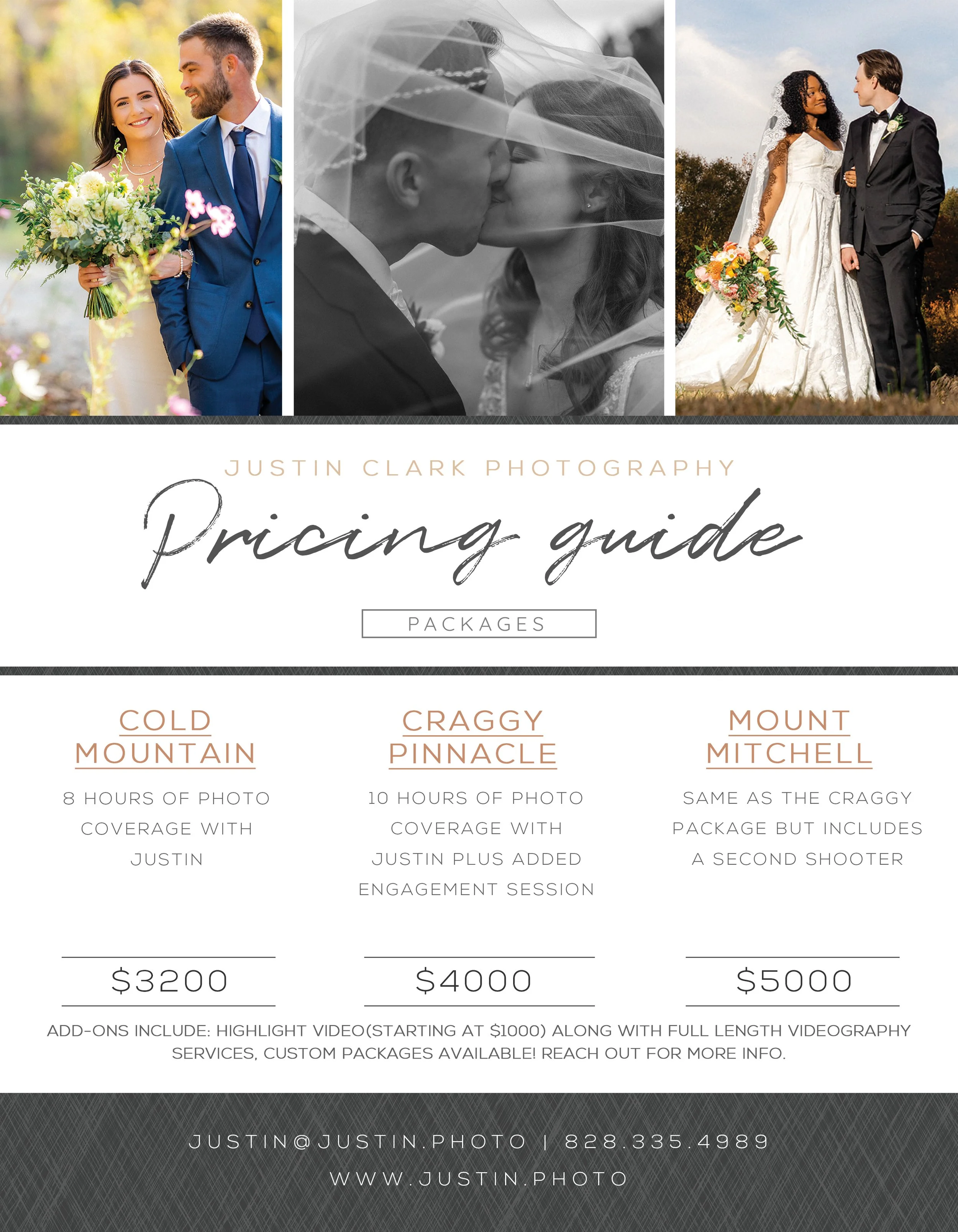 Justin Clark wedding pricing guide for Asheville weddings and beyond.