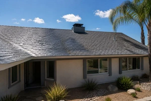 Freshly washed asphalt roof drying in sunlight