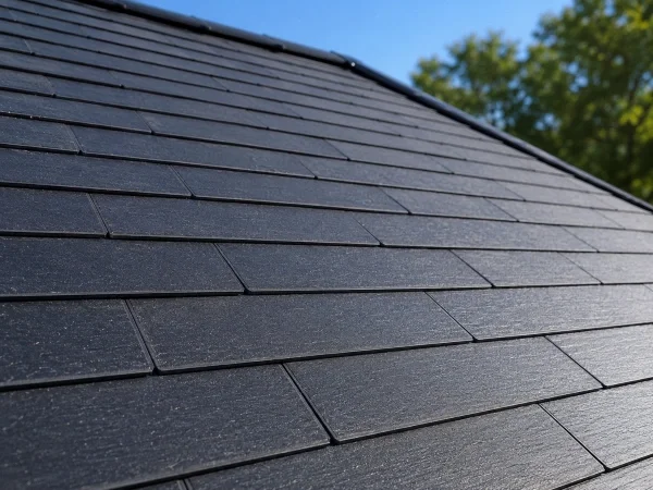 Close-up of low-profile solar shingles blending into a home's roofline