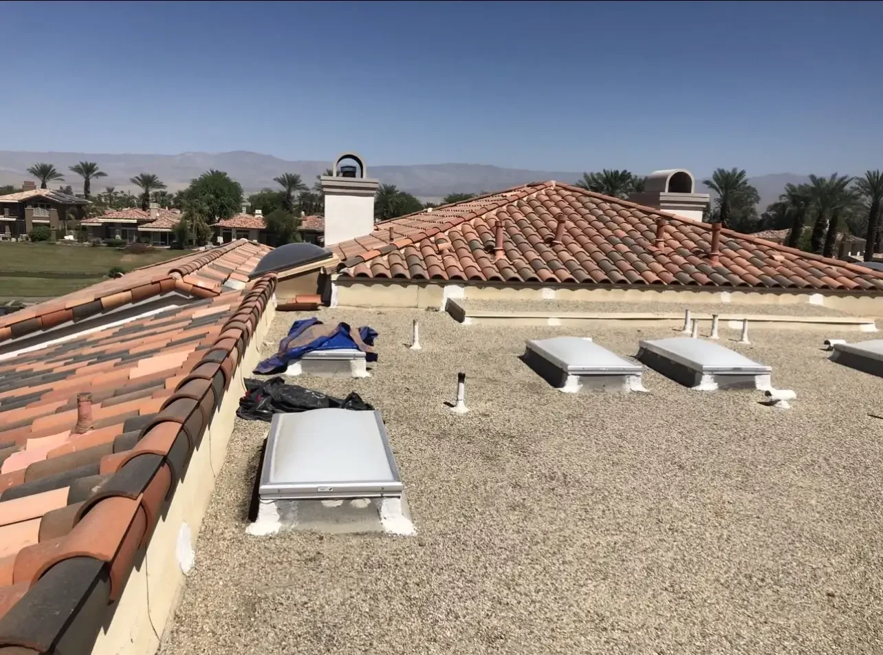 Residential tile roofing work in progress