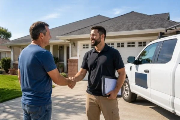 Homeowner and contractor handshake after completed roof