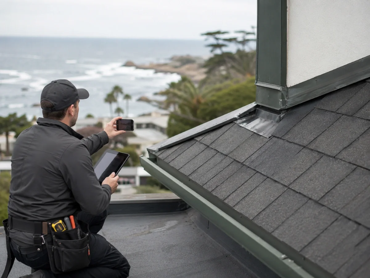 Inspector documenting flashing during a Free Roof Health Check in Newport Beach