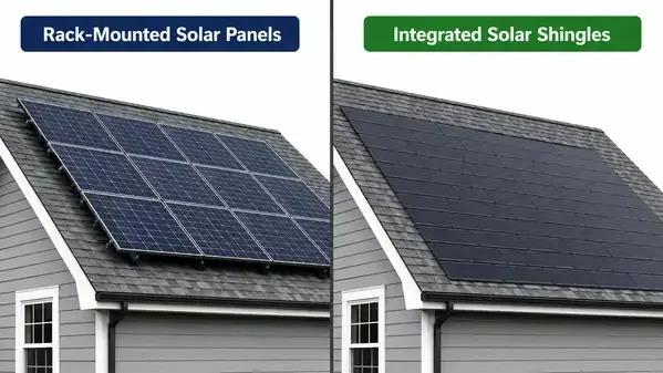 Side-by-side comparison of traditional solar panels vs solar shingles on residential rooftop
