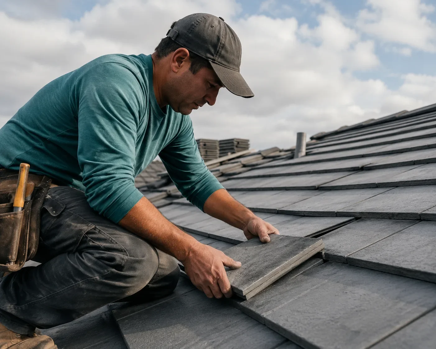 Roofers in Orange, CA installing roof tiles