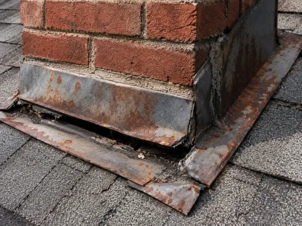 Damaged roof flashing around a chimney, a hidden leak source