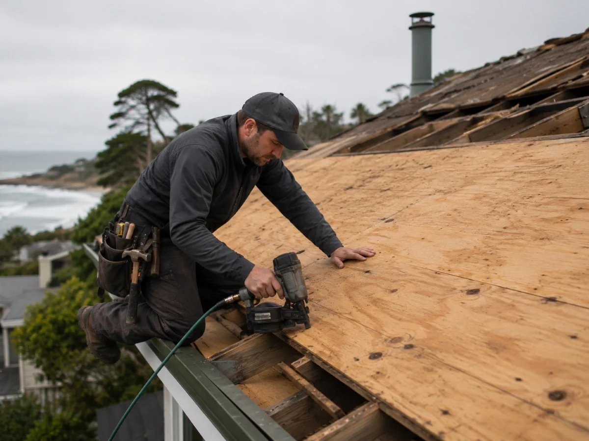 Exposed roof sheathing ready for city inspection during a Newport Beach reroof