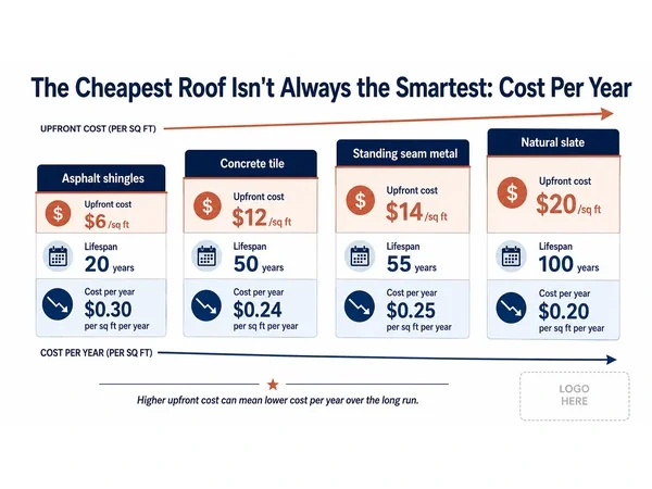 Chart comparing roofing materials by upfront cost versus cost per year
