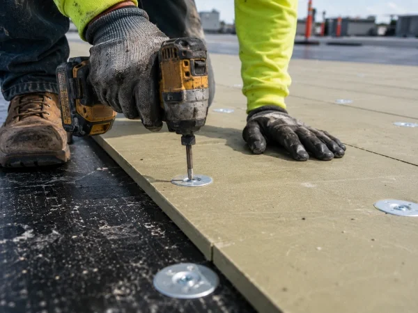 Close-up of insulation board being fastened to a commercial roof deck