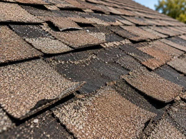 Sun-damaged asphalt shingles curling and losing granules on a roof