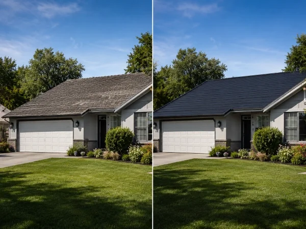 Before and after of a home's asphalt roof replaced with a solar roof