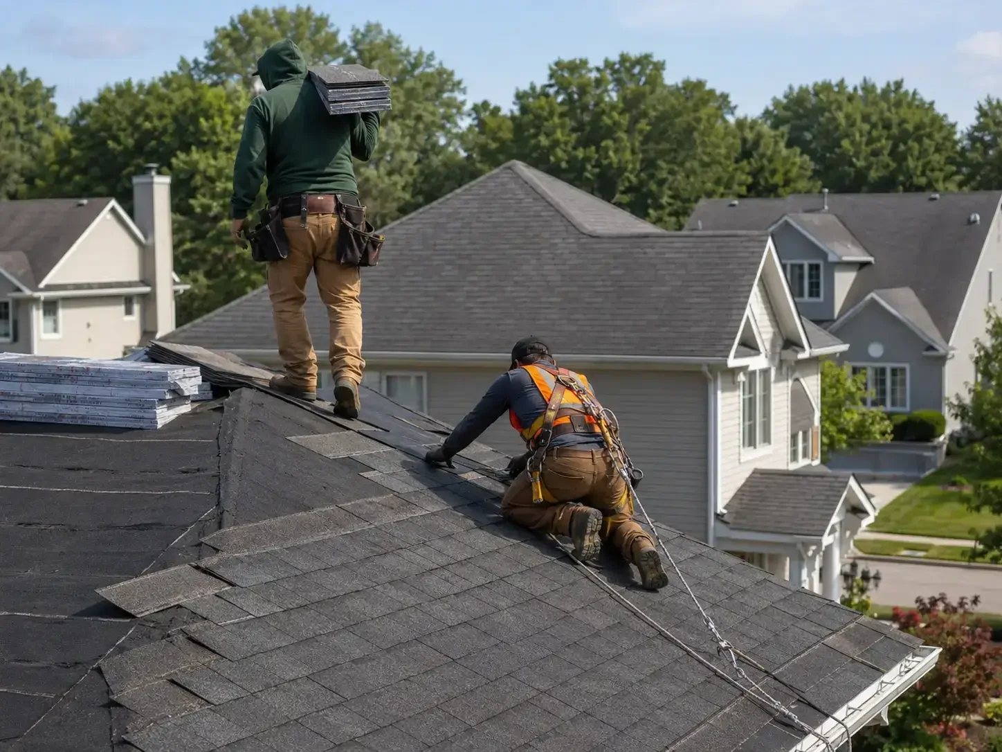 Roofers working on a residential shingle roof