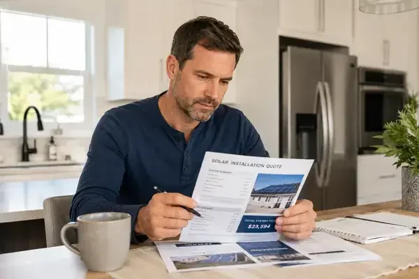 Homeowner reviewing solar panel roof installation quote paperwork at kitchen table