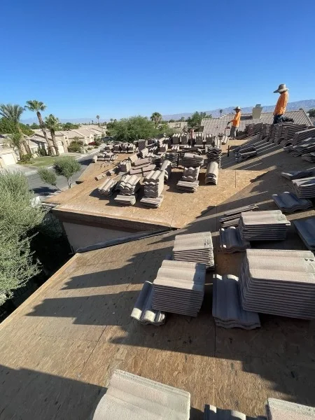 Roof decking prepared for new concrete tile roof installation.