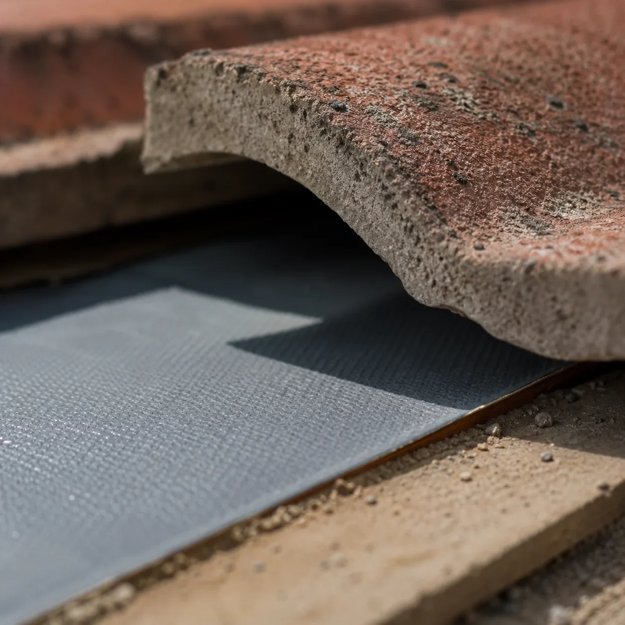Close-up of concrete roof tile lifted to show new synthetic underlayment