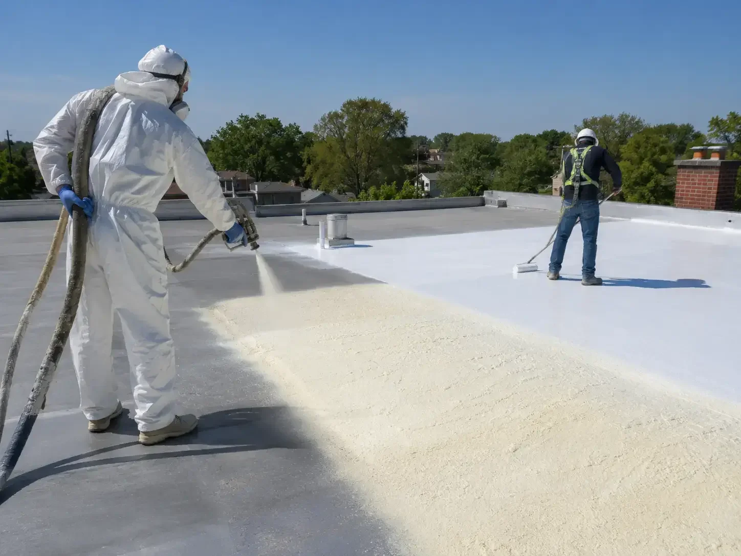 Roofers applying spray foam and coating on a flat roof