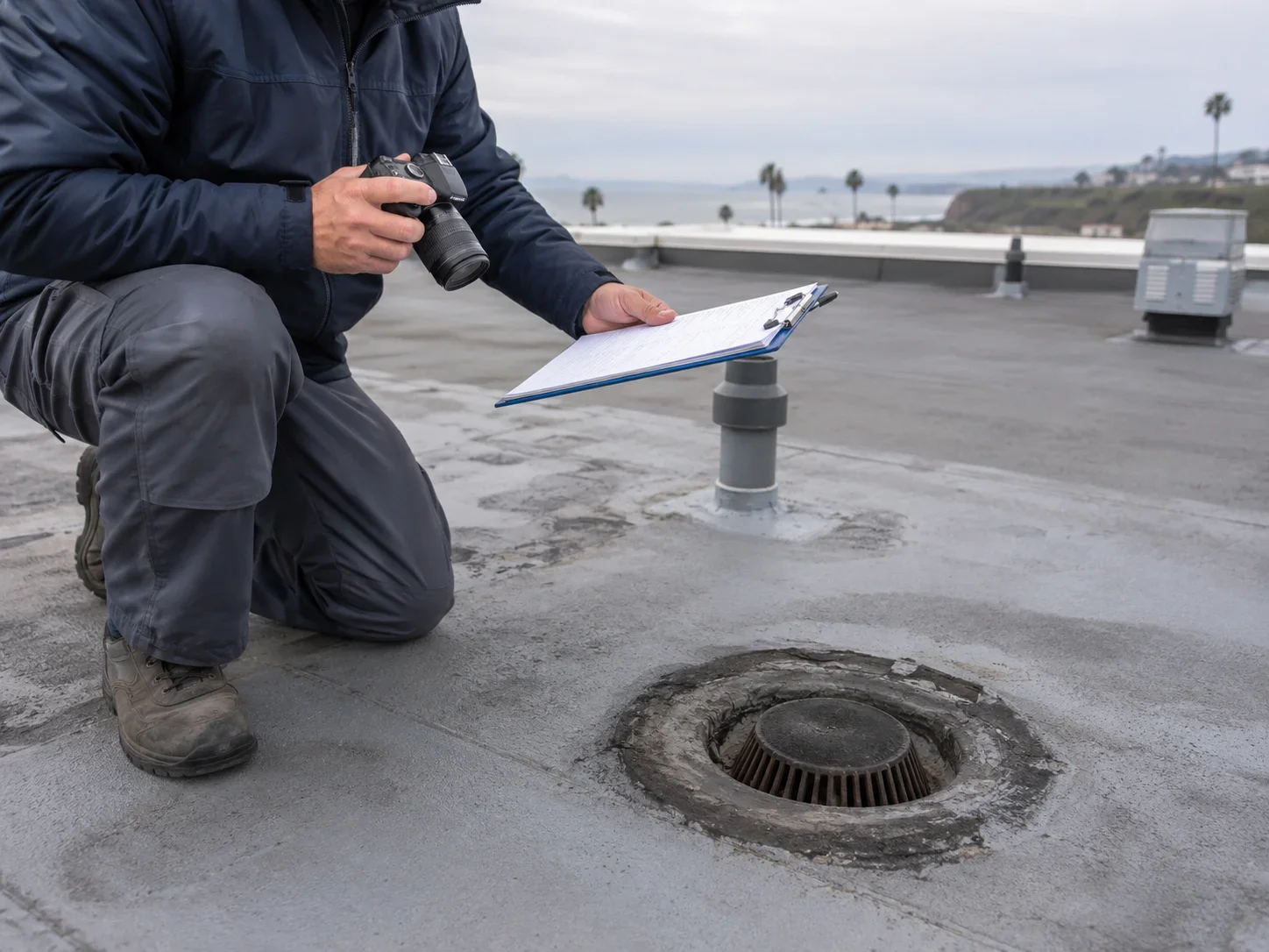 Roofer documenting a flat roof during a Huntington Beach roof inspection