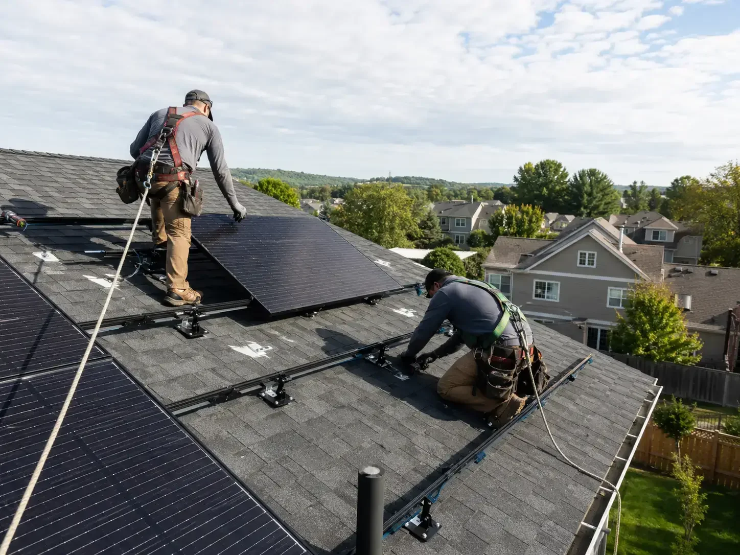 Roofers installing solar panels on a residential shingle roof