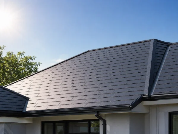 Solar roof in direct sunlight making clean energy on a clear day