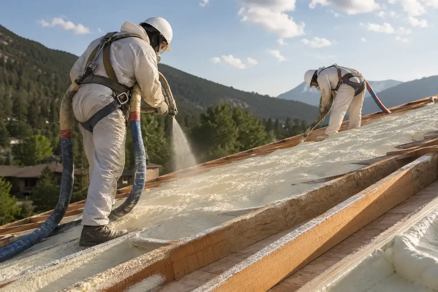 Spray foam roofing installation on residential roof