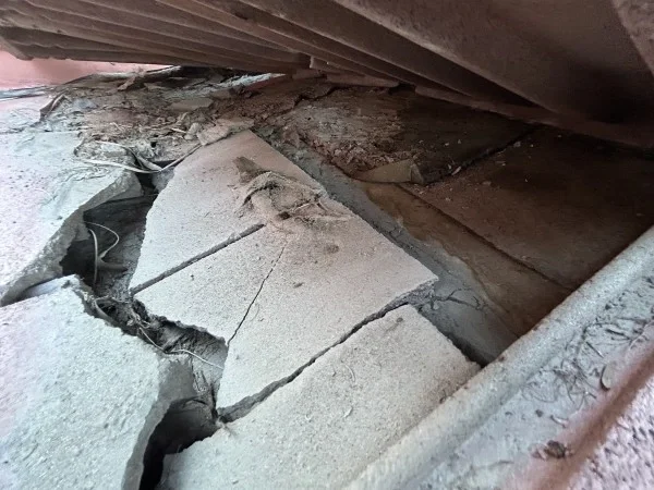 Cracked roof underlayment beneath damaged clay tile roofing system.