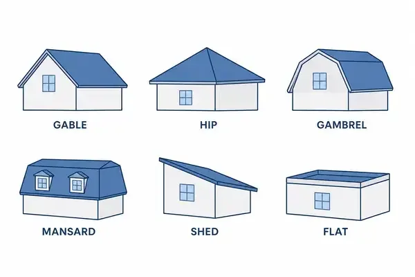 Diagram comparing six common roof types: gable, hip, gambrel, mansard, shed, flat
