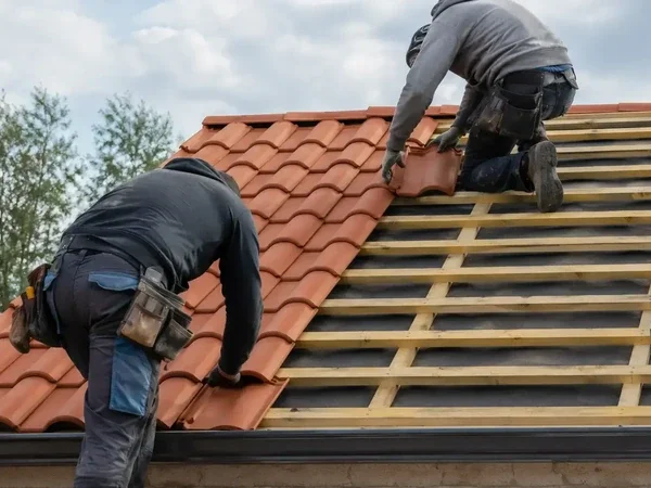 Roofers Installing roof clay tiles