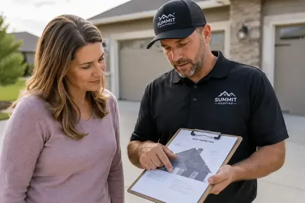 Homeowner and solar installer reviewing roof condition and solar assessment paperwork outdoor
