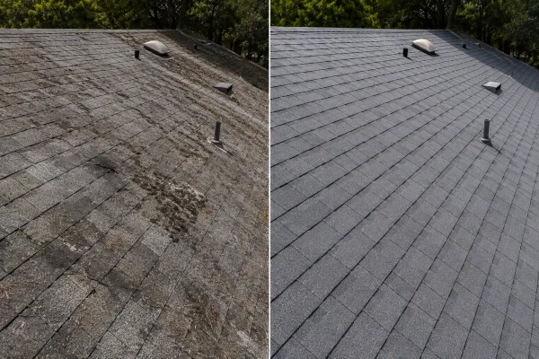 Before and after repairing common roof damage on a home